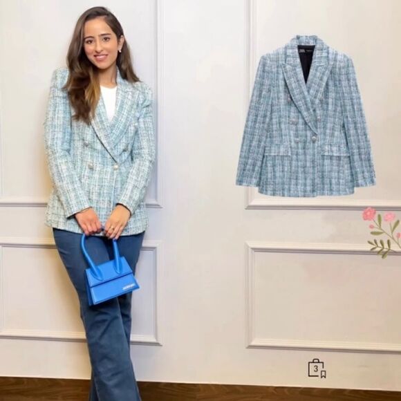 ZARA BLOGGERS FAV textured double blazer check tweed blue metallic chanelish s - Picture 3 of 9